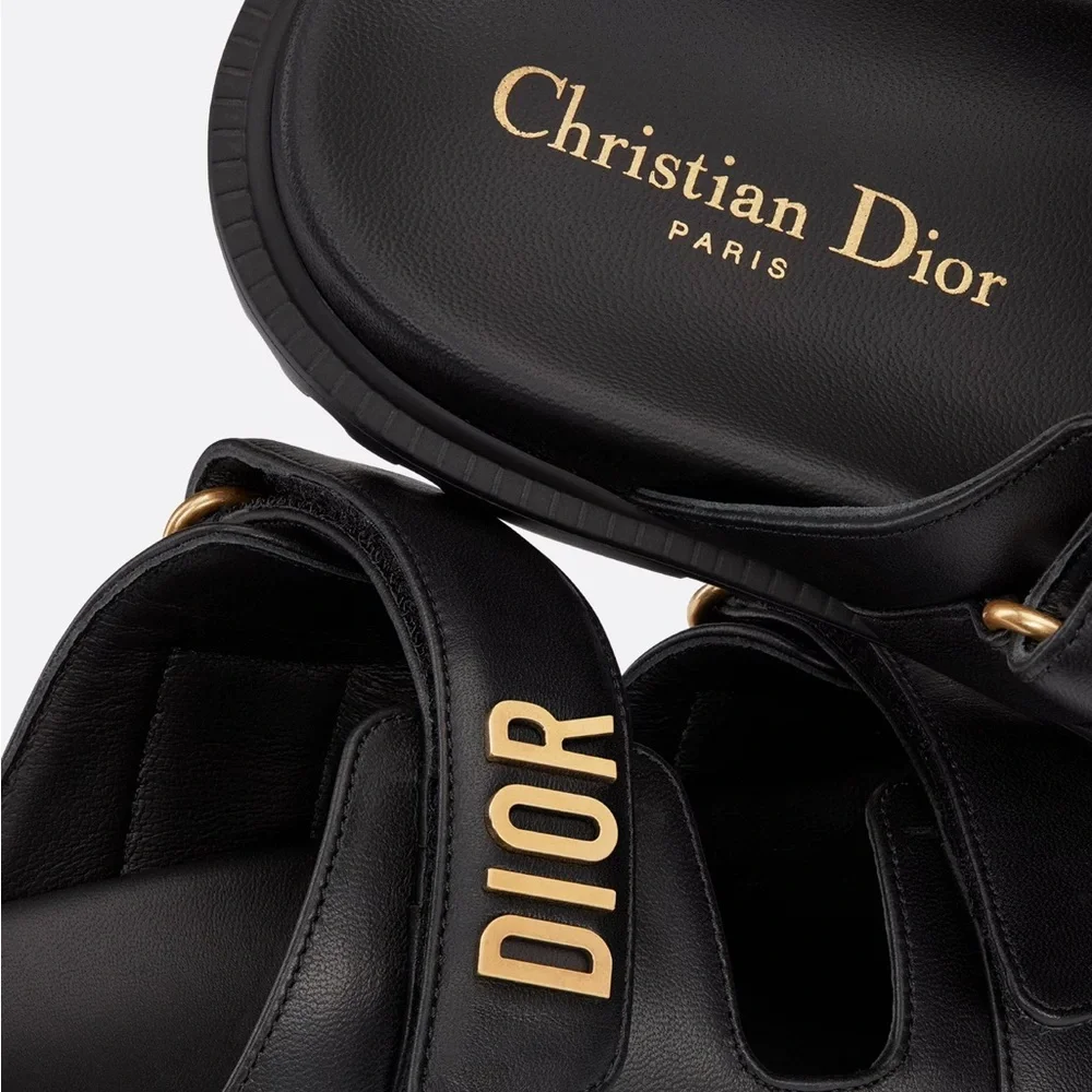Dior Black Leather Sandals with Gold Logo - Picture 7 of 7
